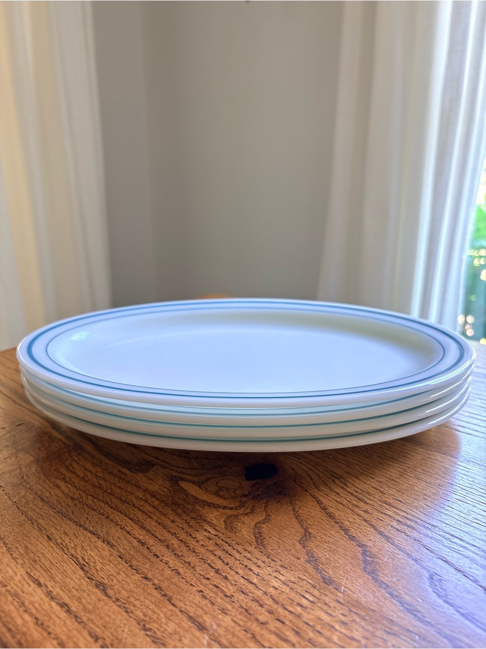 Vintage Pyrex milk glass Dinner Plates with Light double Blue Rim - Set of 4